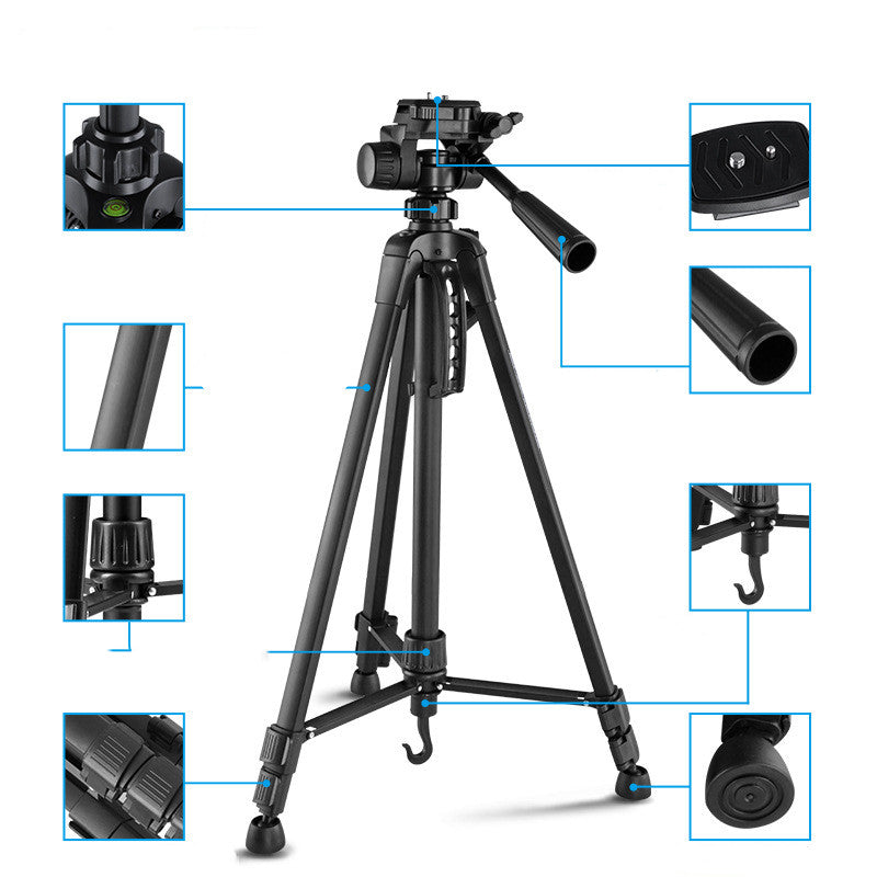 SLR Camera Tripod made of aluminum alloy, showcasing its lightweight design and adjustable height features.