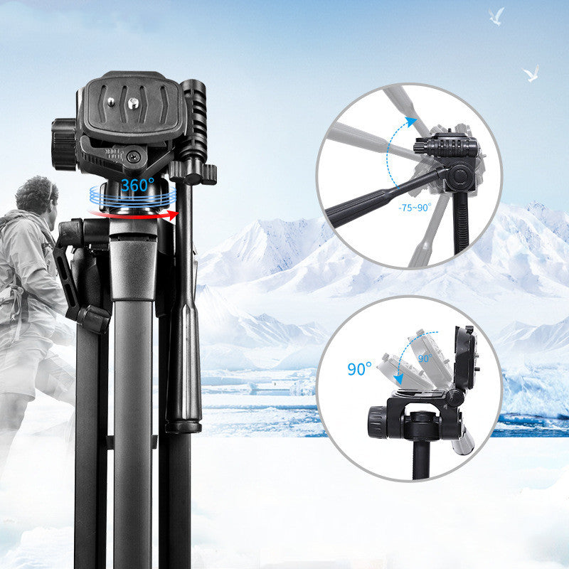 SLR Camera Tripod made of aluminum alloy, showcasing its lightweight design and adjustable height features.
