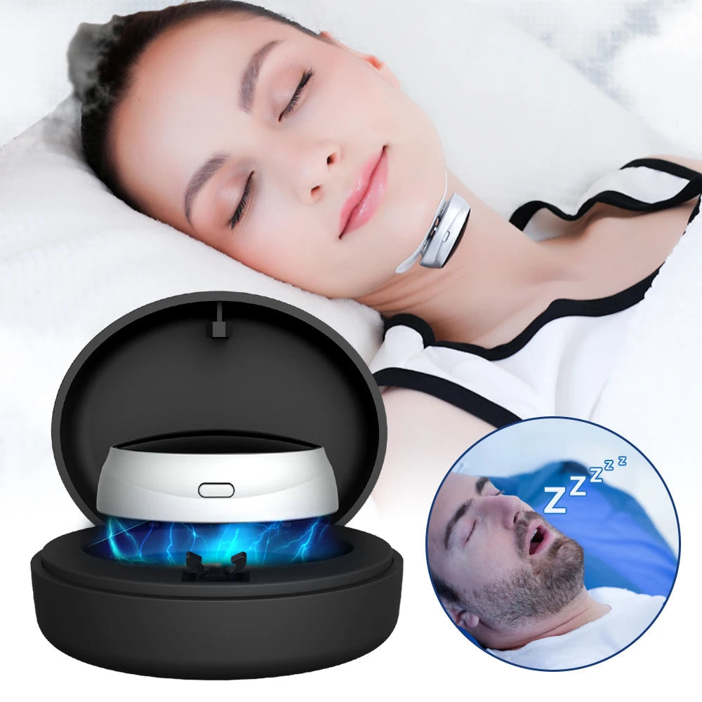 Smart Anti Snoring Device featuring dual pulse muscle stimulator technology, lightweight design, and magnetic charging compartment.