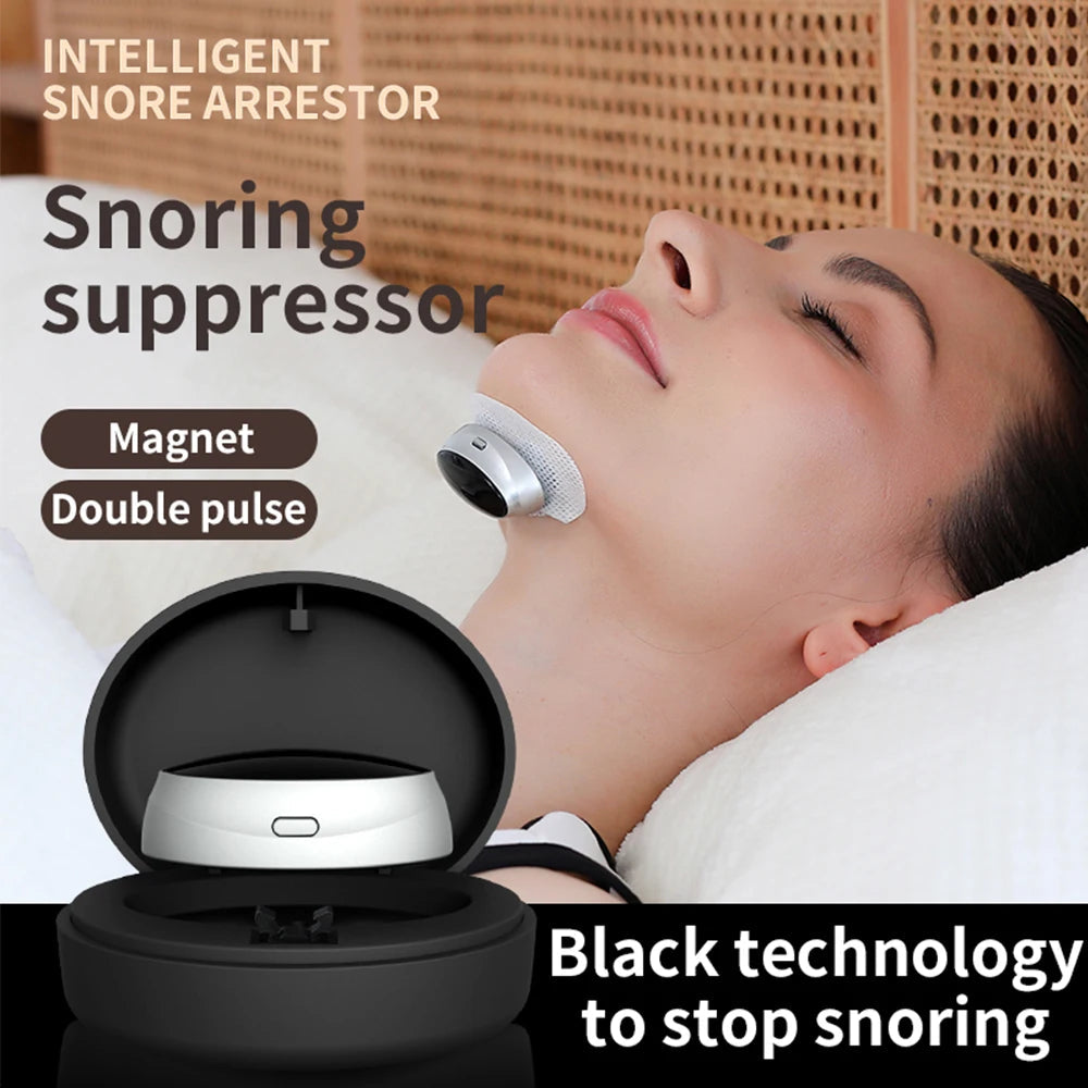 Smart Anti Snoring Device featuring dual pulse muscle stimulator technology, lightweight design, and magnetic charging compartment.