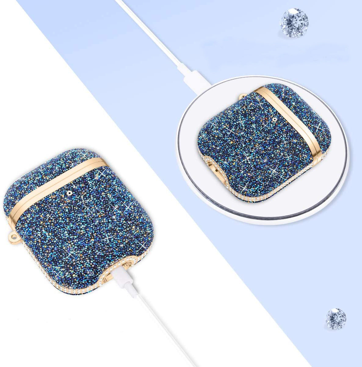 Soft Electroplating Fashion Star Diamond Earphone Sleeve in blue, silver, and black diamond colors, showcasing its stylish design and premium materials.