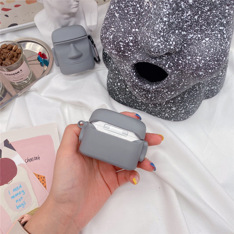 Stone Statue Stereo Silicone Bluetooth Headset Shell in a cartoon design, featuring a stone man look, perfect for AirPods protection.