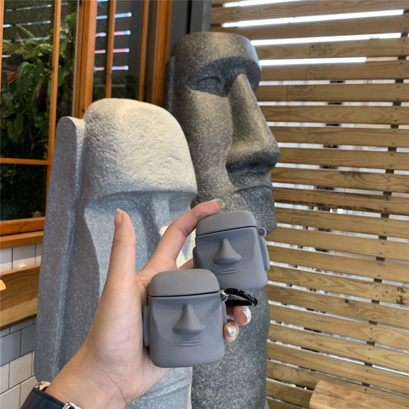 Stone Statue Stereo Silicone Bluetooth Headset Shell in a cartoon design, featuring a stone man look, perfect for AirPods protection.