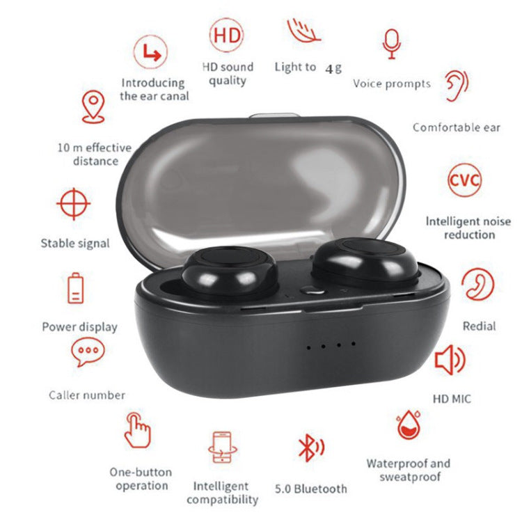 Stylish and Simple Wireless Bluetooth Headset in a sleek design, showcasing its compact earplug style and charging case.