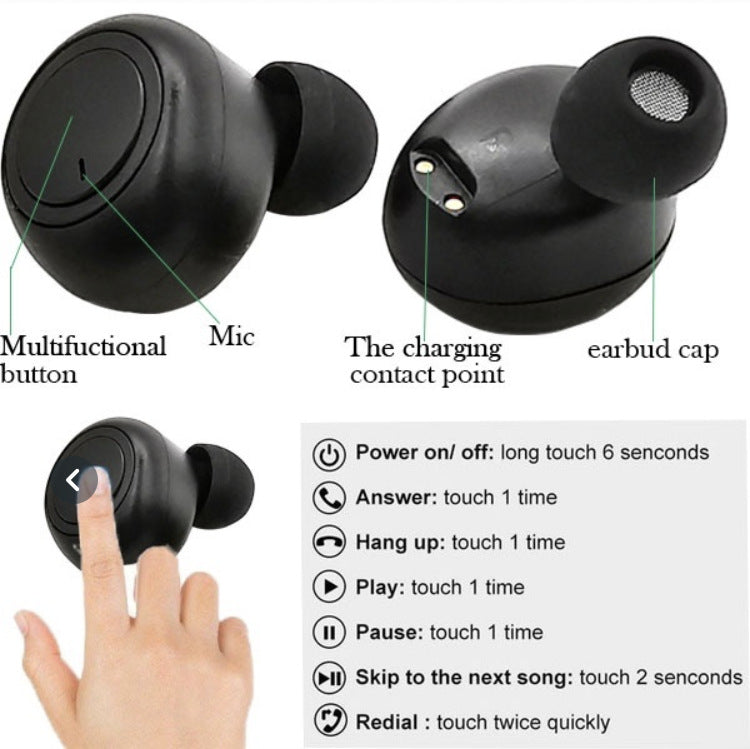 Stylish and Simple Wireless Bluetooth Headset in a sleek design, showcasing its compact earplug style and charging case.