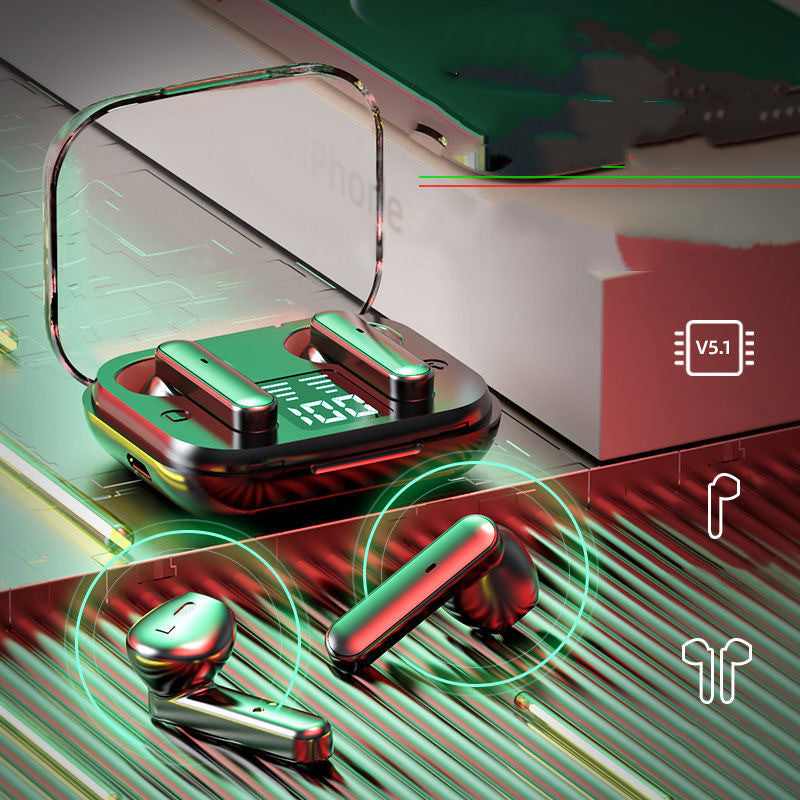 Stylish black wireless Bluetooth headset with in-ear design and compact charging case.