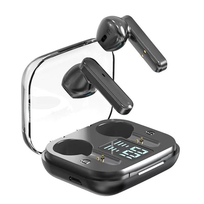 Stylish black wireless Bluetooth headset with in-ear design and compact charging case.