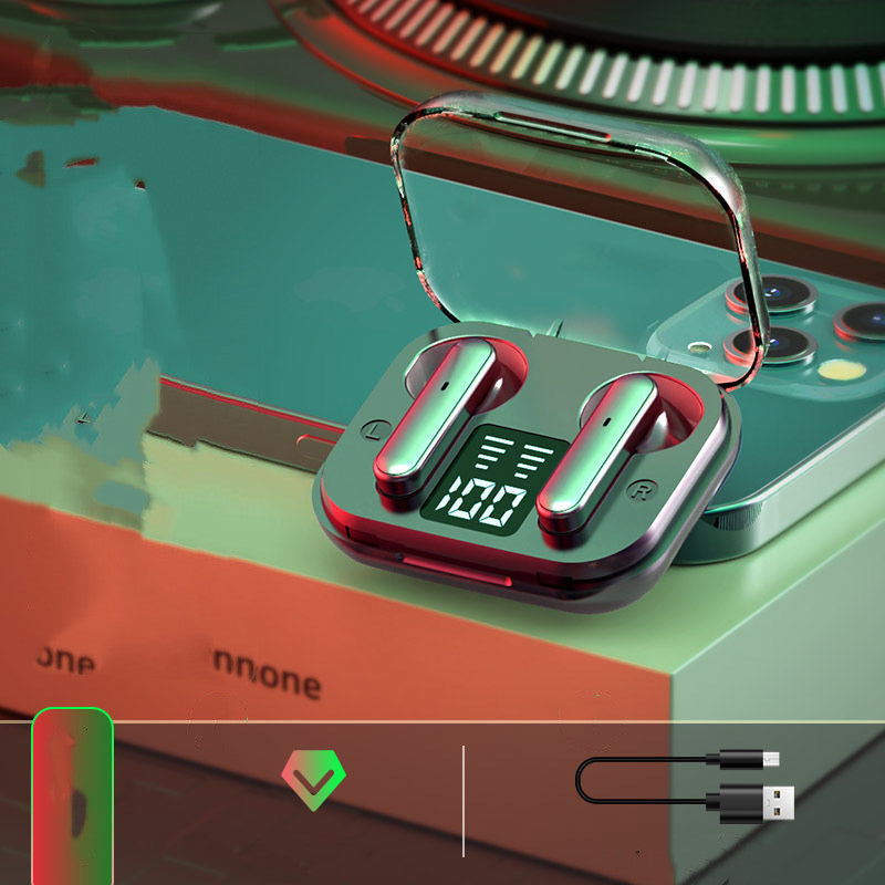 Stylish black wireless Bluetooth headset with in-ear design and compact charging case.