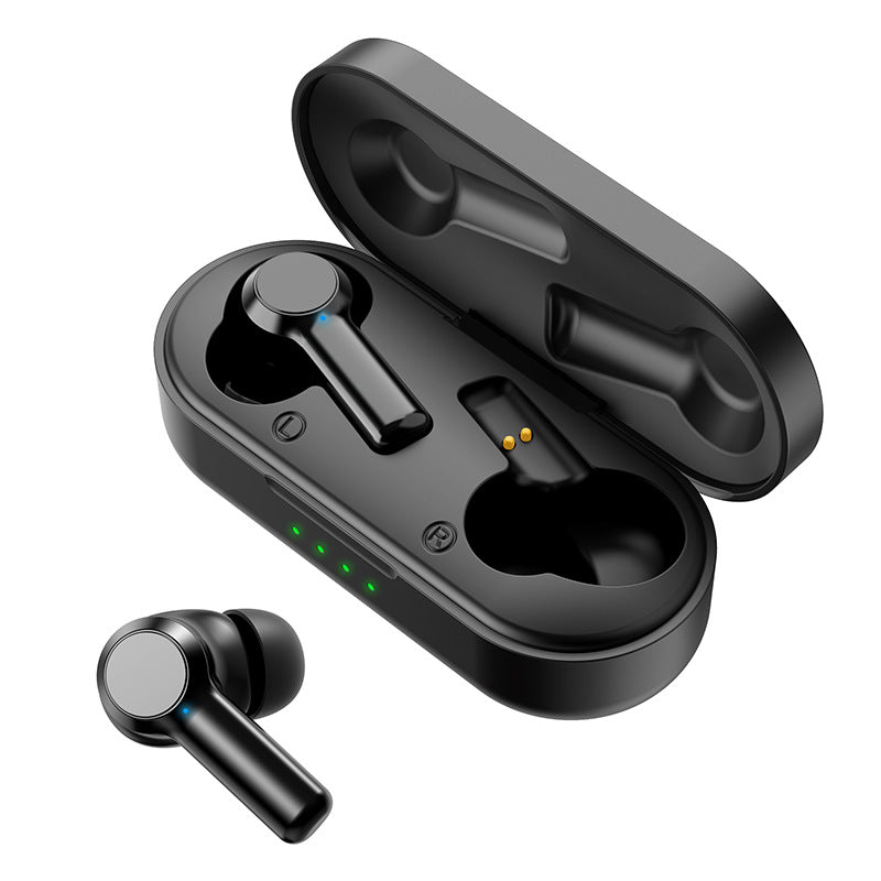 Touch Sports Waterproof ANC Noise Canceling Headphones with a sleek design, featuring a charging compartment and ear caps.