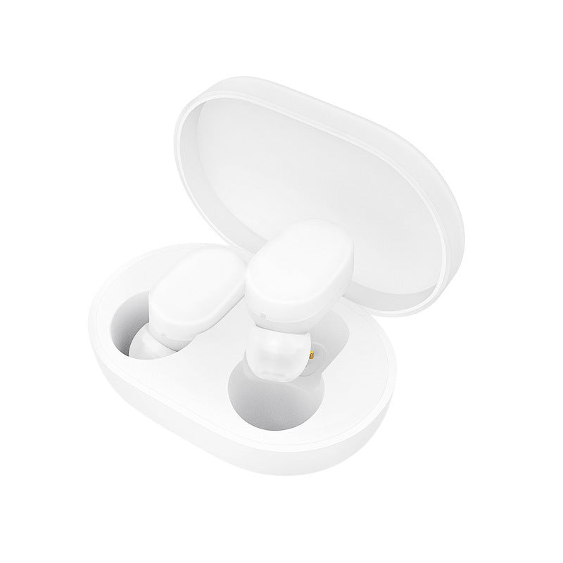 White TWS Bluetooth Earphones Wireless In-Ear Earbuds with charging box, showcasing sleek design and compact size.