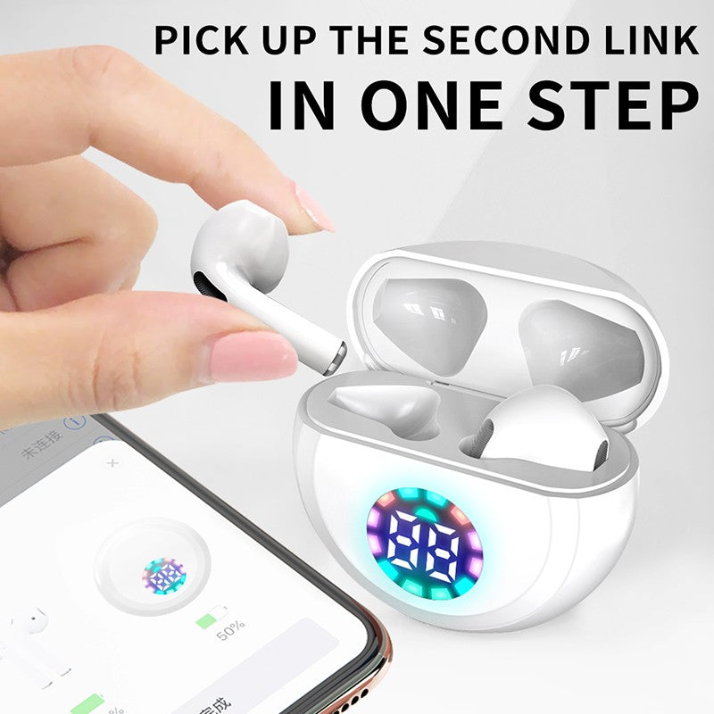 TWS Wireless Bluetooth Earphones with LED digital display, showcasing a sleek design and compact charging case.