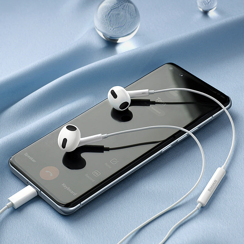 Type C Lateral In-ear Wired Earphone featuring a sleek design, durable materials, and a Type-C connector for modern devices.