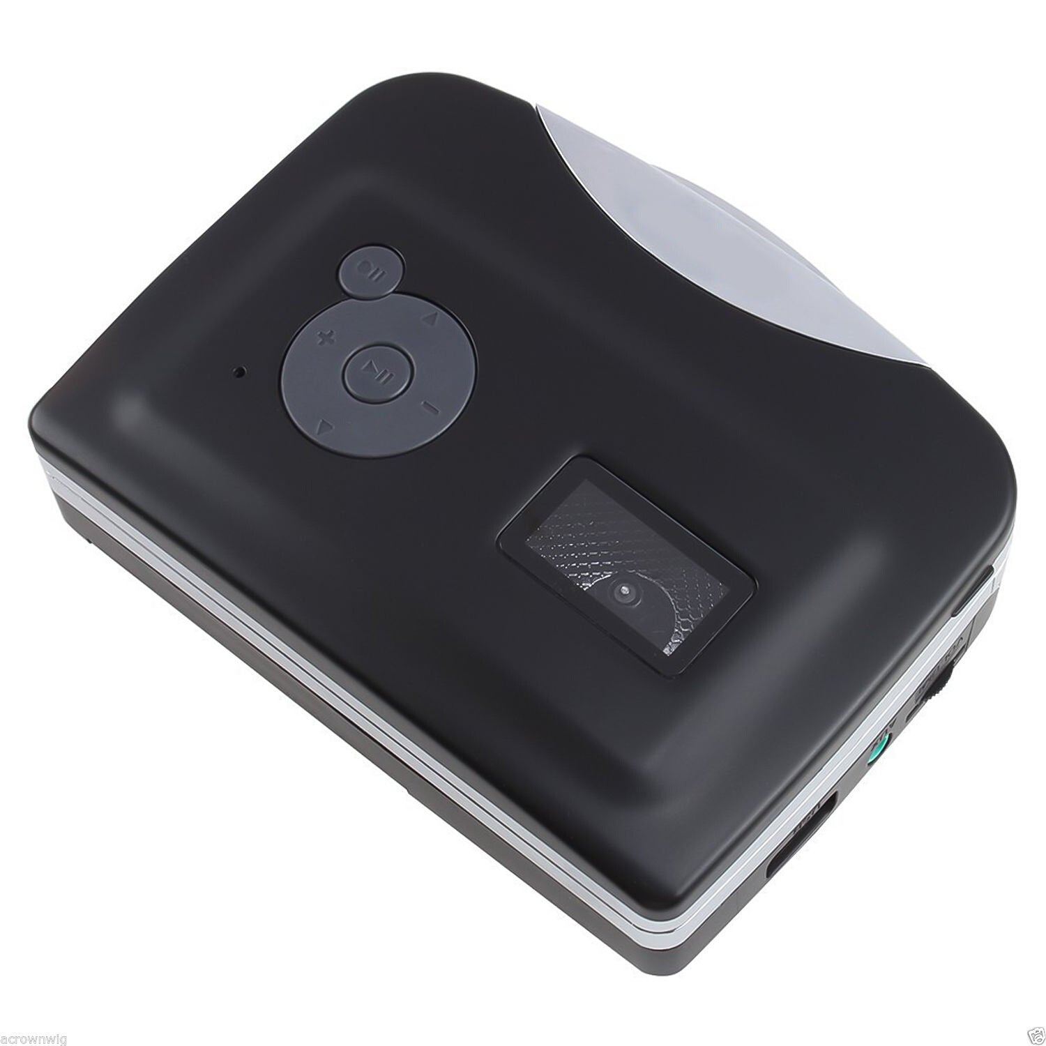 USB Disk Cassette To MP3 Converter in black, showcasing its compact design and included accessories.
