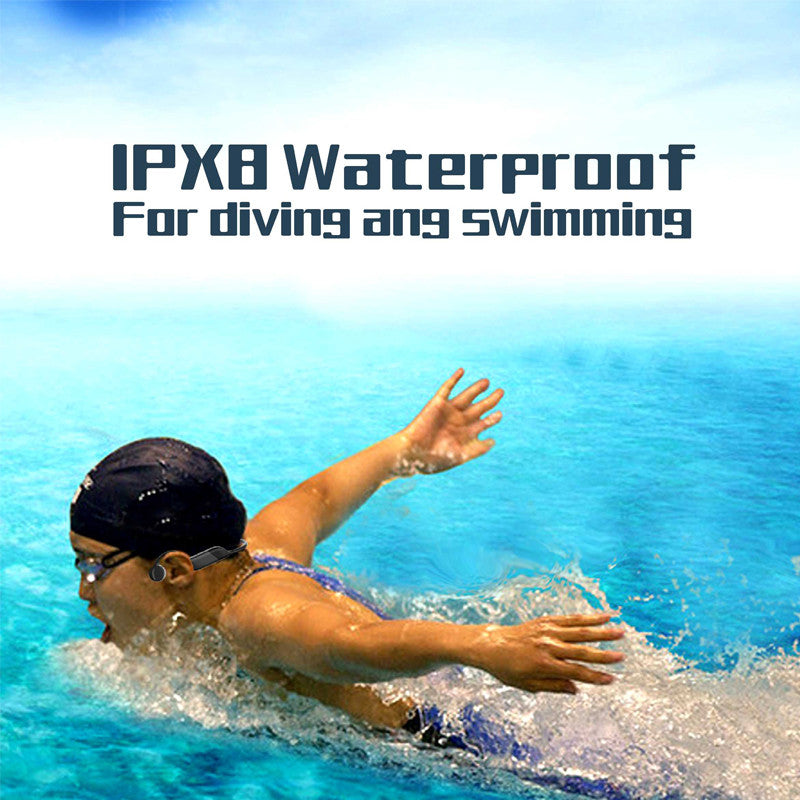 Waterproof Swimming Bluetooth Headset with 32G memory, designed for underwater use with bone conduction technology.