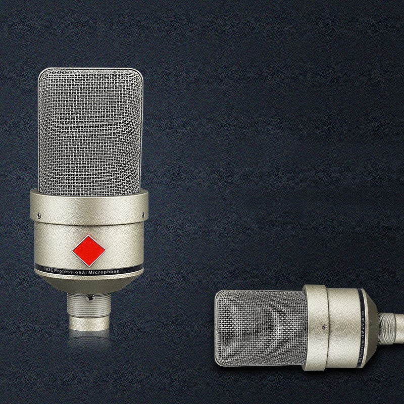 Wired condenser microphone in champagne gold color with cable and stand, ideal for singing and recording.