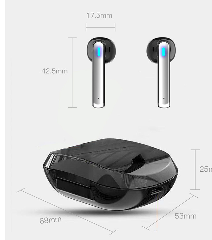 Wireless Bluetooth Headset 5.0 in-ear headphones with charging bay and data cable, showcasing sleek design and advanced features.