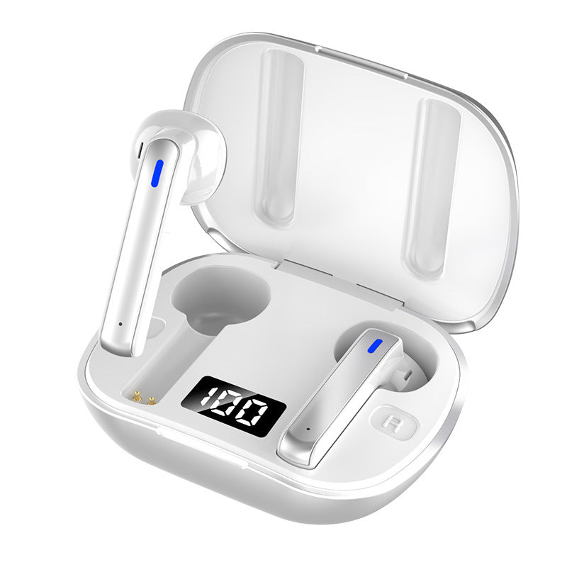 Wireless Bluetooth Headset 5.0 in-ear headphones with charging bay and data cable, showcasing sleek design and advanced features.