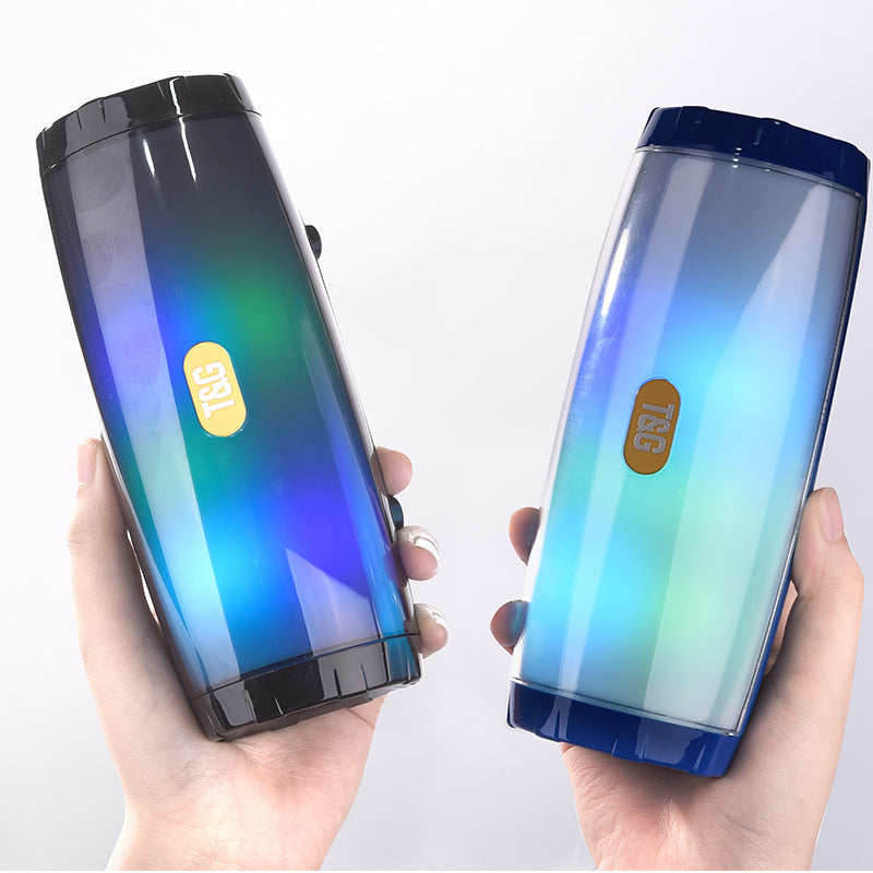 Wireless Bluetooth Speaker in various colors with LED lights, showcasing its portable design and features.