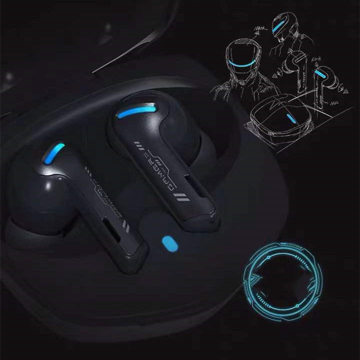 Wireless Gaming Low Latency Bluetooth Headset with charging compartment and ear caps, showcasing sleek design and modern technology.