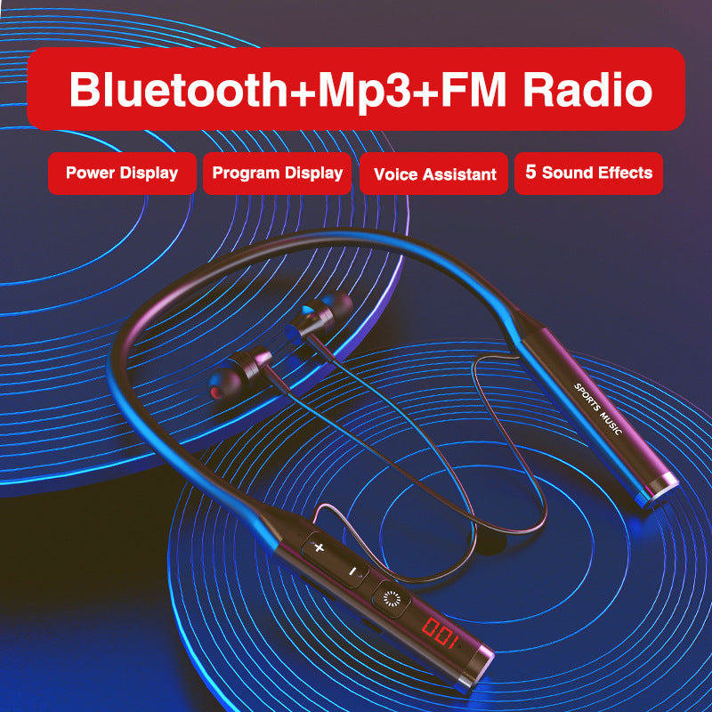 Wireless headset with multifunction display, neck hanging design, available in black and silver colors.