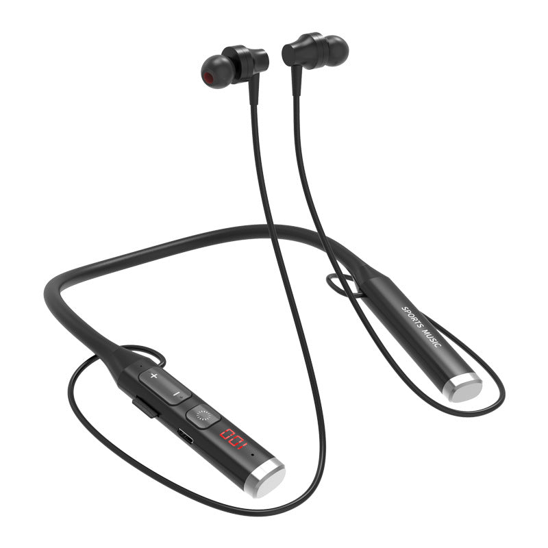 Wireless headset with multifunction display, neck hanging design, available in black and silver colors.