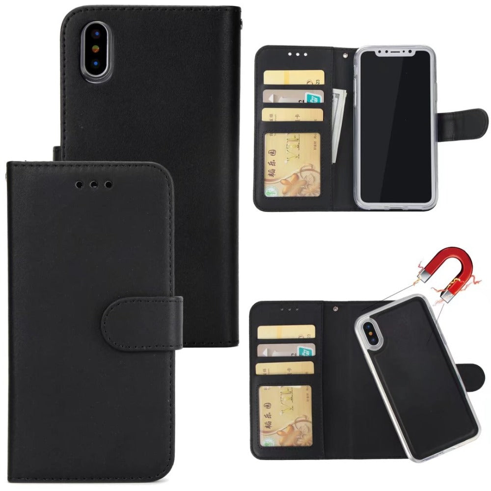 2 in 1 Magnetic Detachable Leather Wallet Case for iPhone, featuring a sleek vegan leather design with card slots and a detachable phone holder.