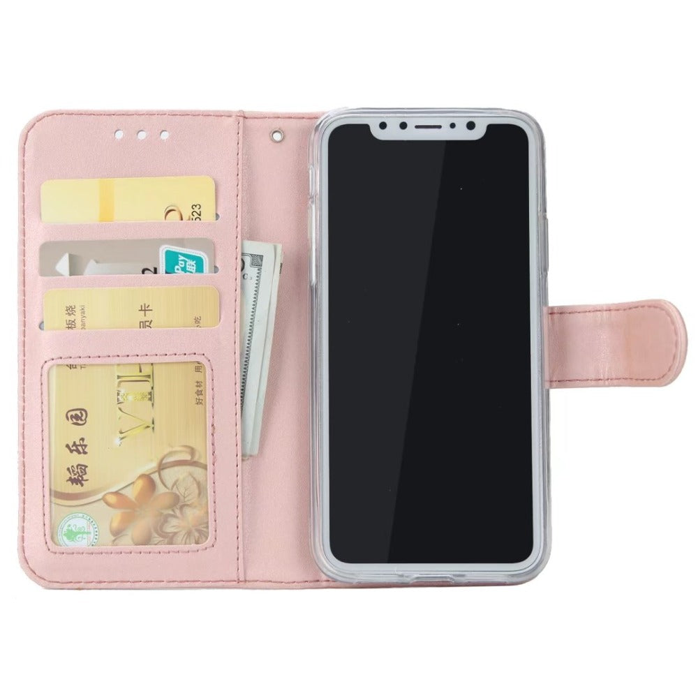 2 in 1 Magnetic Detachable Leather Wallet Case for iPhone, featuring a sleek vegan leather design with card slots and a detachable phone holder.