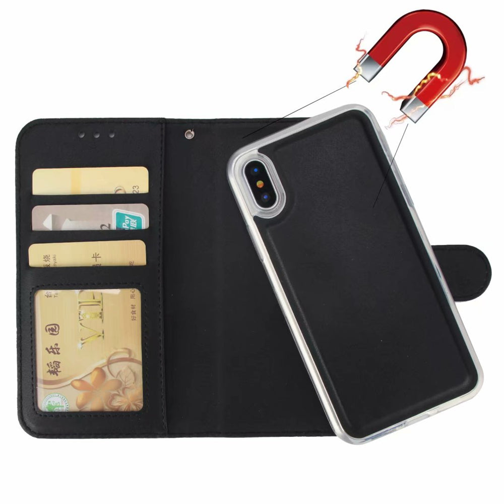 2 in 1 Magnetic Detachable Leather Wallet Case for iPhone, featuring a sleek vegan leather design with card slots and a detachable phone holder.