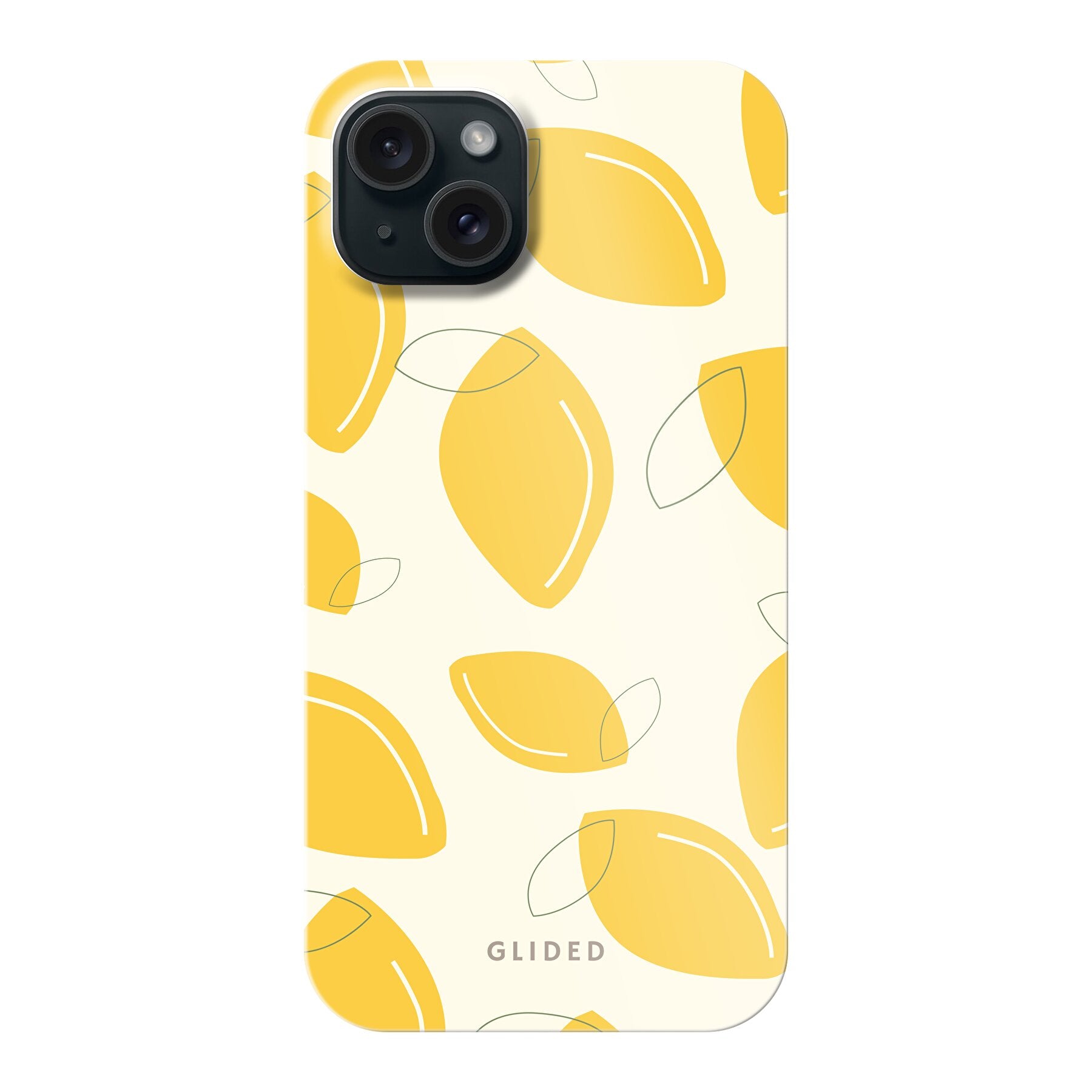 Vibrant 'Abstract Lemon' iPhone 15 Plus case featuring artistic lemon patterns on a bright yellow background, showcasing style and protection.