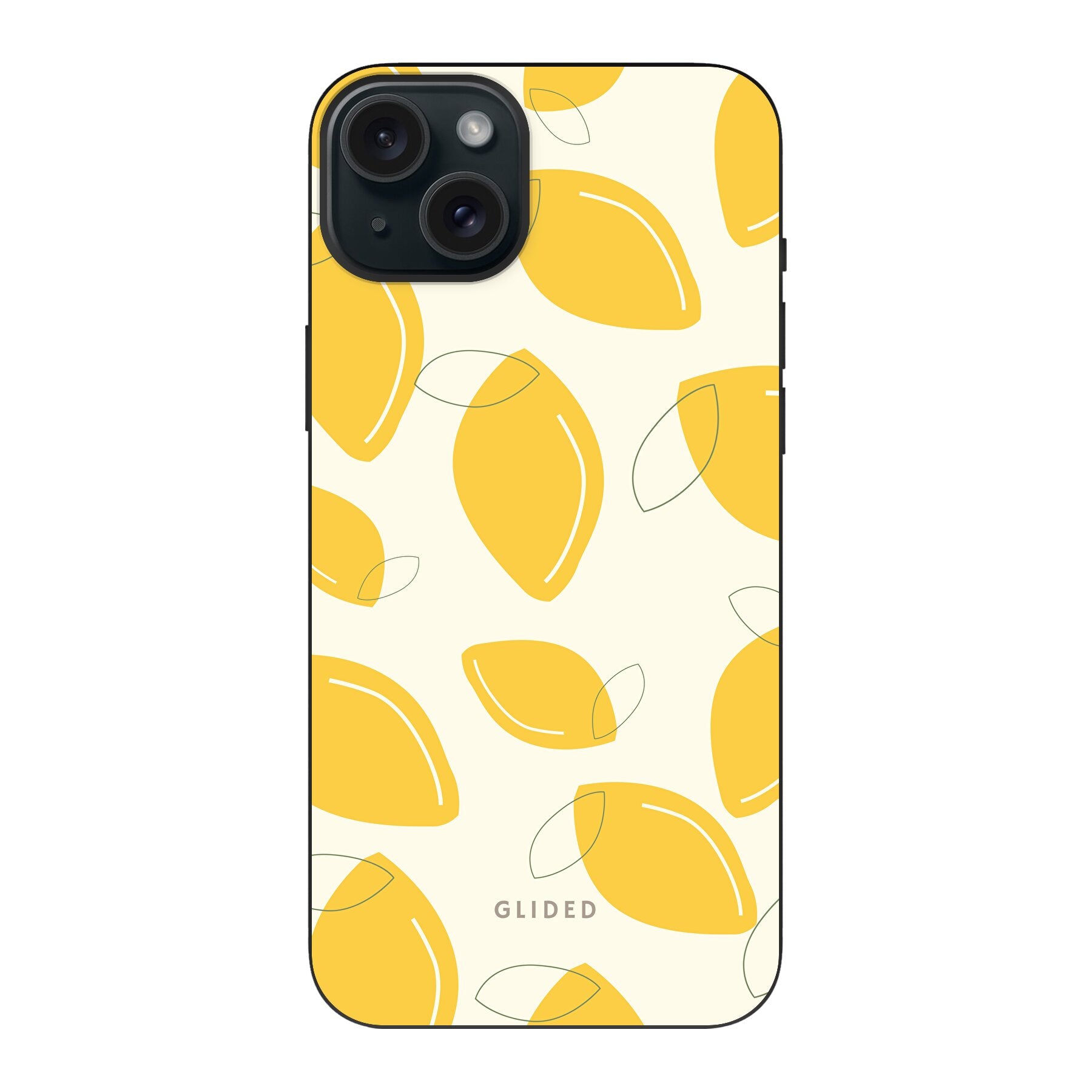Vibrant 'Abstract Lemon' iPhone 15 Plus case featuring artistic lemon patterns on a bright yellow background, showcasing style and protection.
