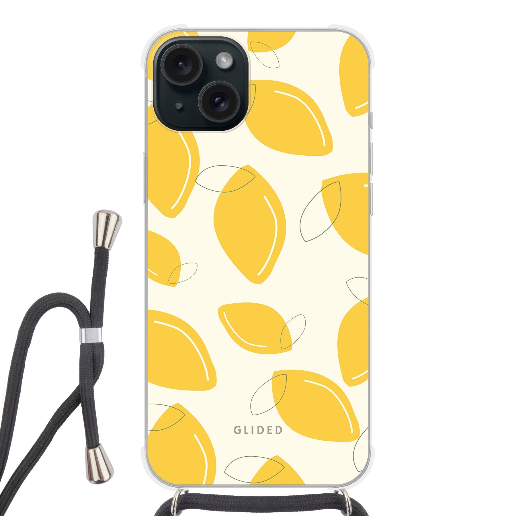 Vibrant 'Abstract Lemon' iPhone 15 Plus case featuring artistic lemon patterns on a bright yellow background, showcasing style and protection.
