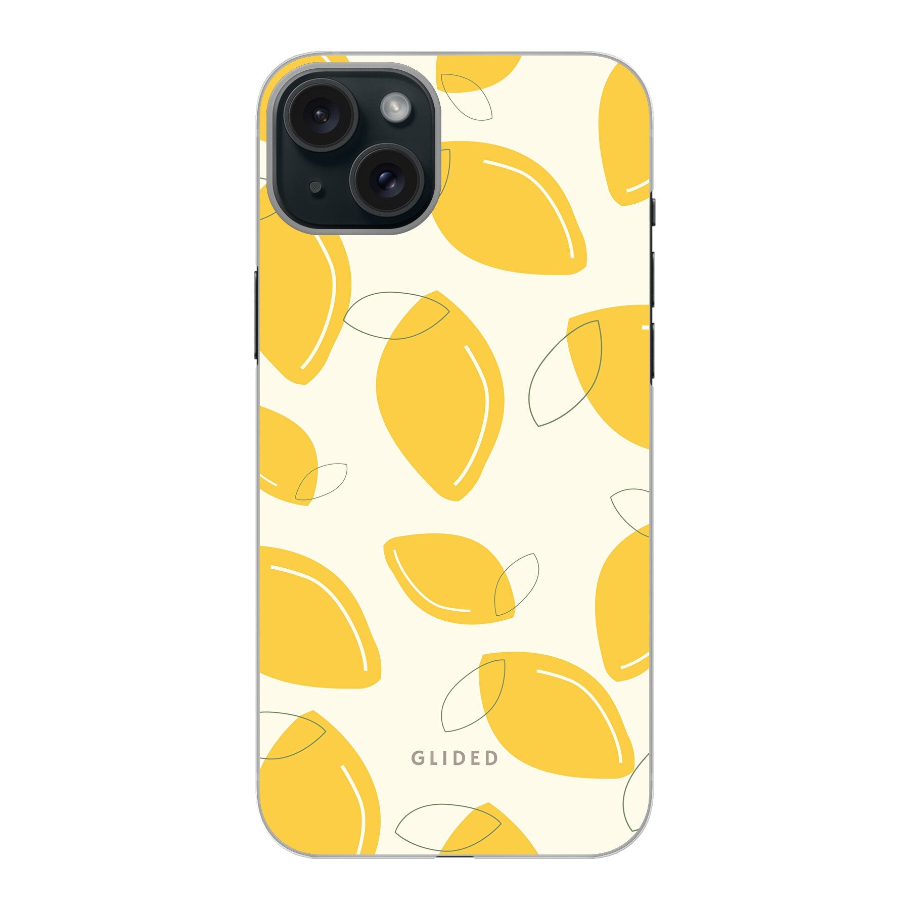 Vibrant 'Abstract Lemon' iPhone 15 Plus case featuring artistic lemon patterns on a bright yellow background, showcasing style and protection.