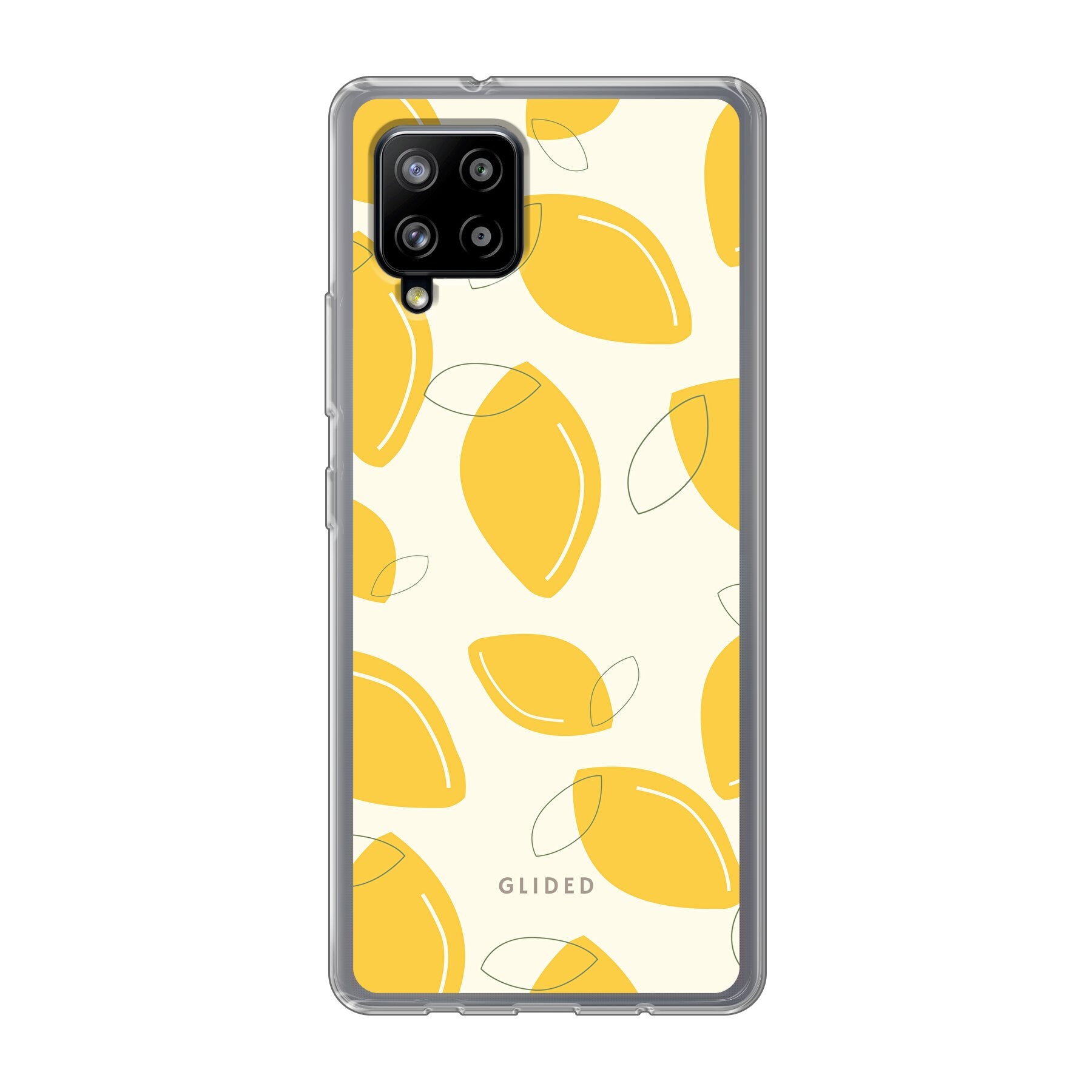 Abstract Lemon Handyhülle für Samsung Galaxy A42 5G mit lebendigen Zitronenmuster auf gelbem Hintergrund.