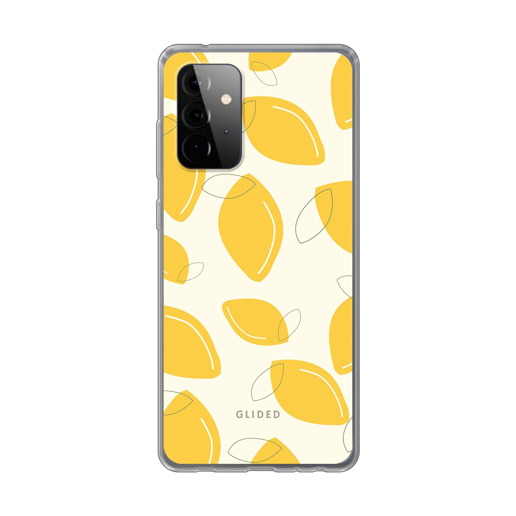 Abstract Lemon Handyhülle für Samsung Galaxy A72 5G mit lebendigen Zitronenmuster auf gelbem Hintergrund.