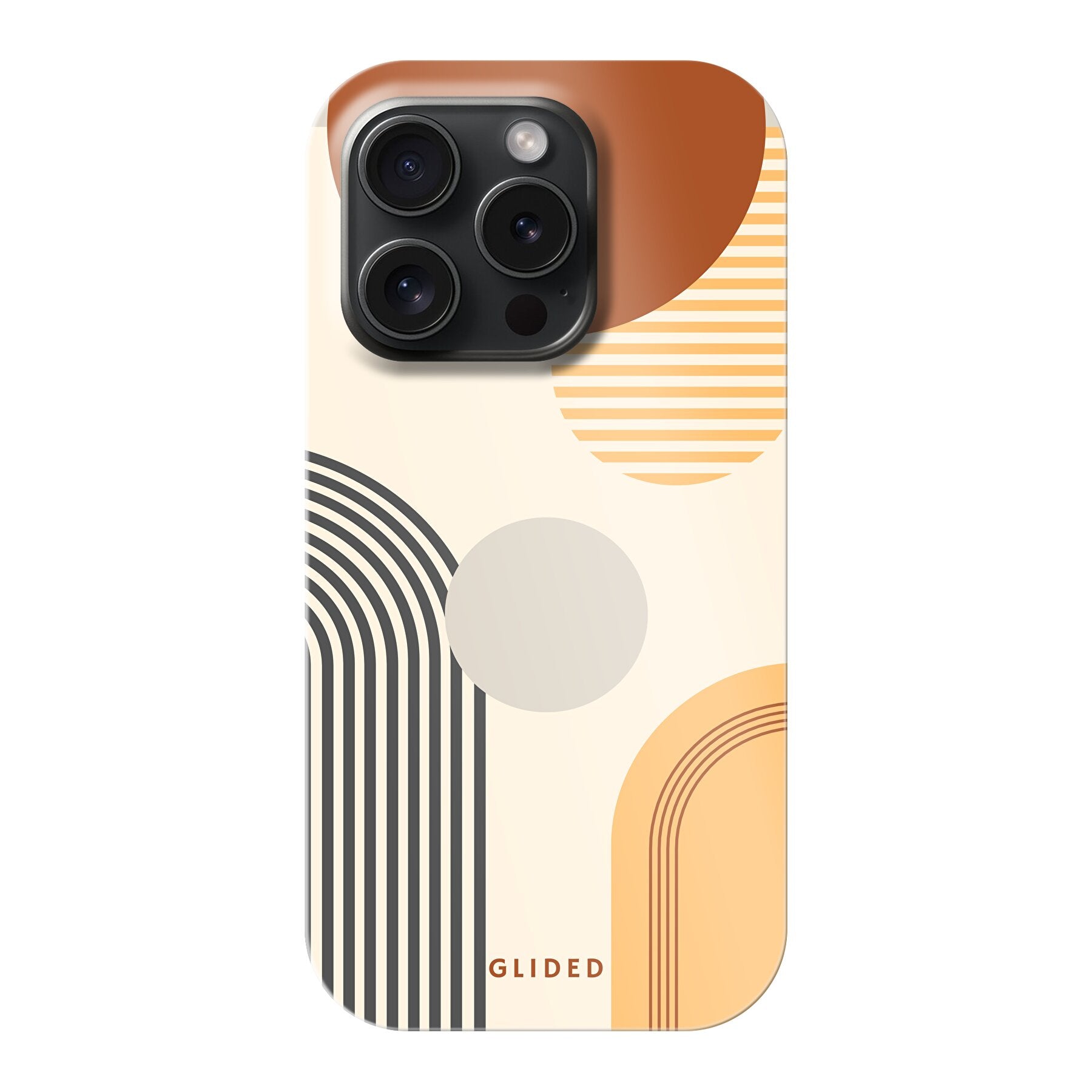 Abstraction iPhone 15 Pro Handyhülle mit modernem Design aus Kreisen und ovalen Formen, ideal für stilbewusste Nutzer.