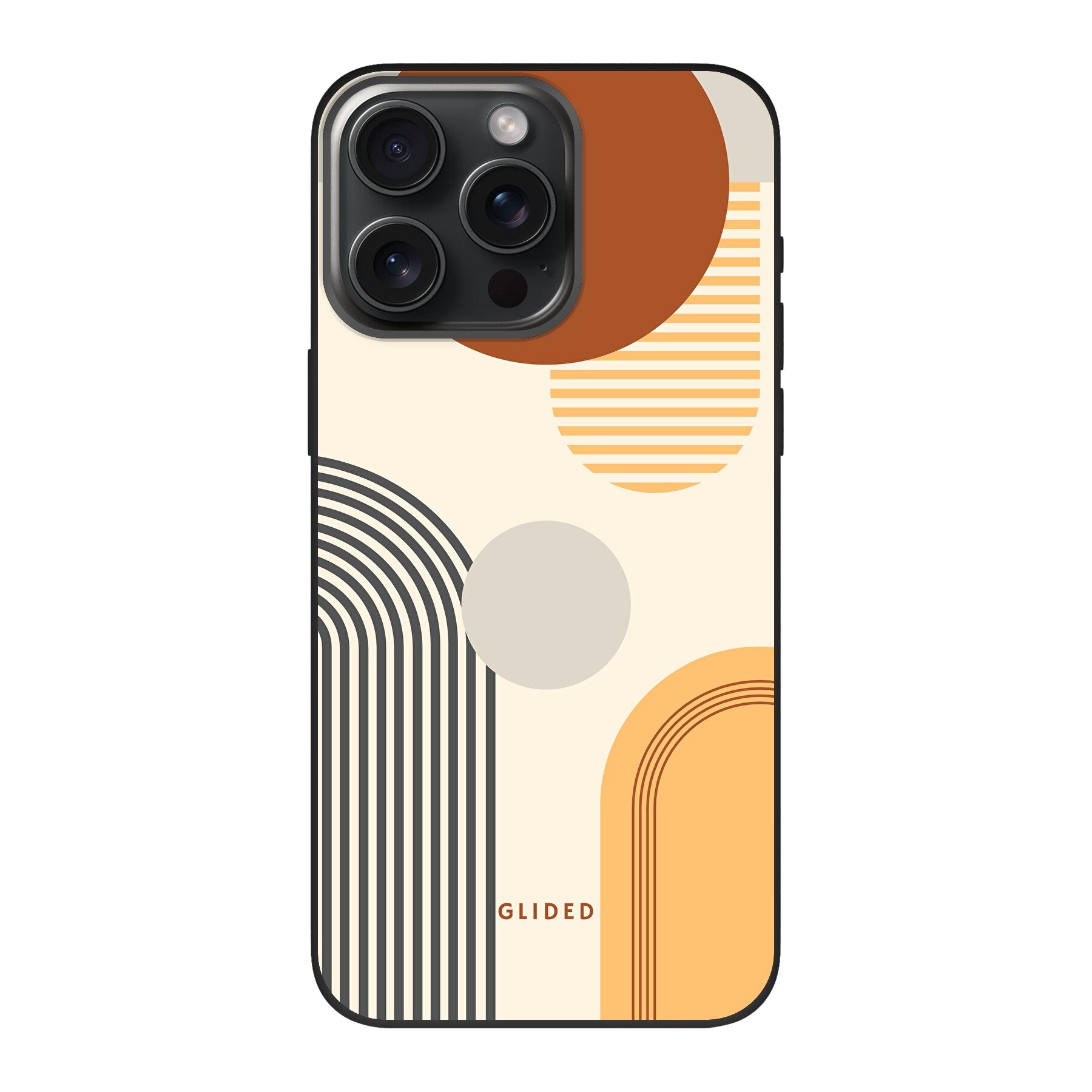 Abstraction iPhone 15 Pro Handyhülle mit modernem Design aus Kreisen und ovalen Formen, ideal für stilbewusste Nutzer.