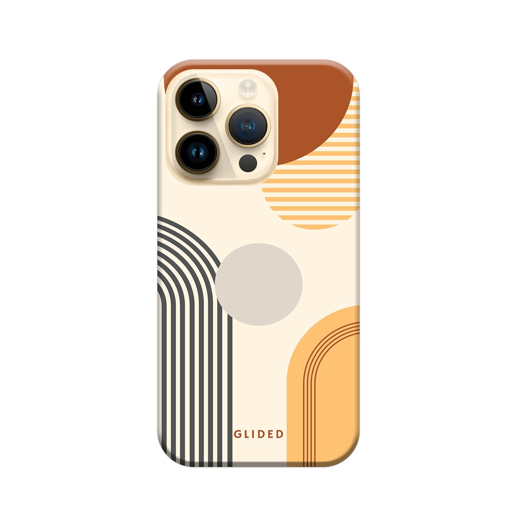 Abstraction iPhone 15 Pro Handyhülle mit modernem Design aus Kreisen und ovalen Formen, ideal für stilbewusste Nutzer.