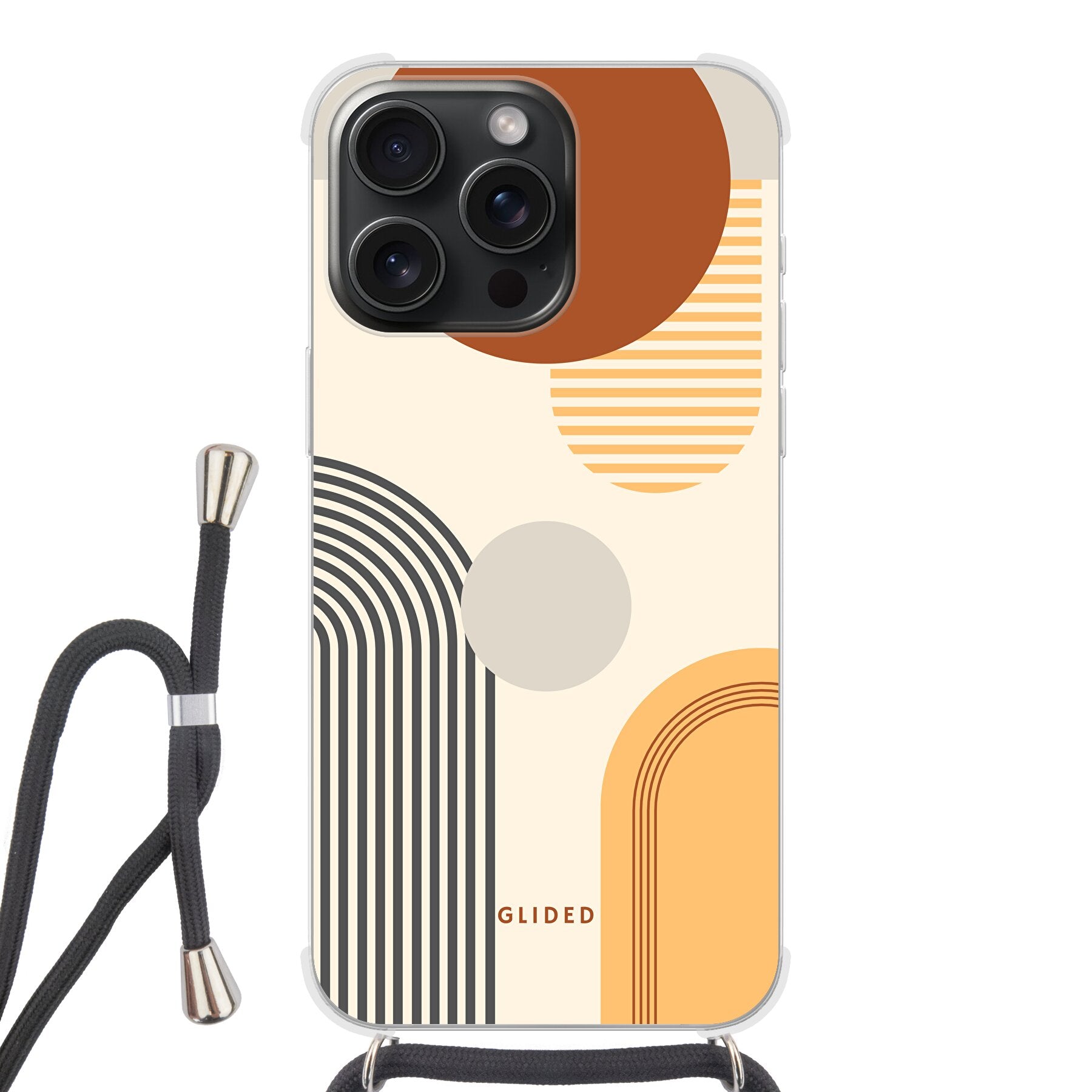 Abstraction iPhone 15 Pro Handyhülle mit modernem Design aus Kreisen und ovalen Formen, ideal für stilbewusste Nutzer.