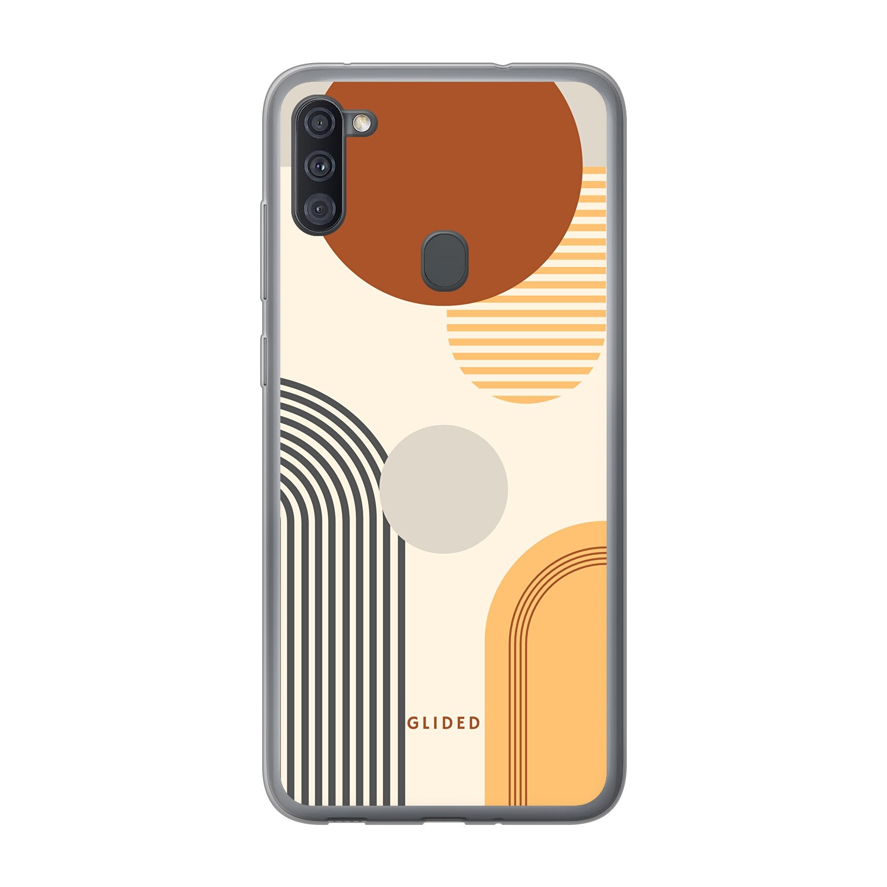 Abstraction Handyhülle für Samsung Galaxy A11 mit modernem Design aus Kreisen und ovalen Formen, idealer Schutz und stilvolles Accessoire.