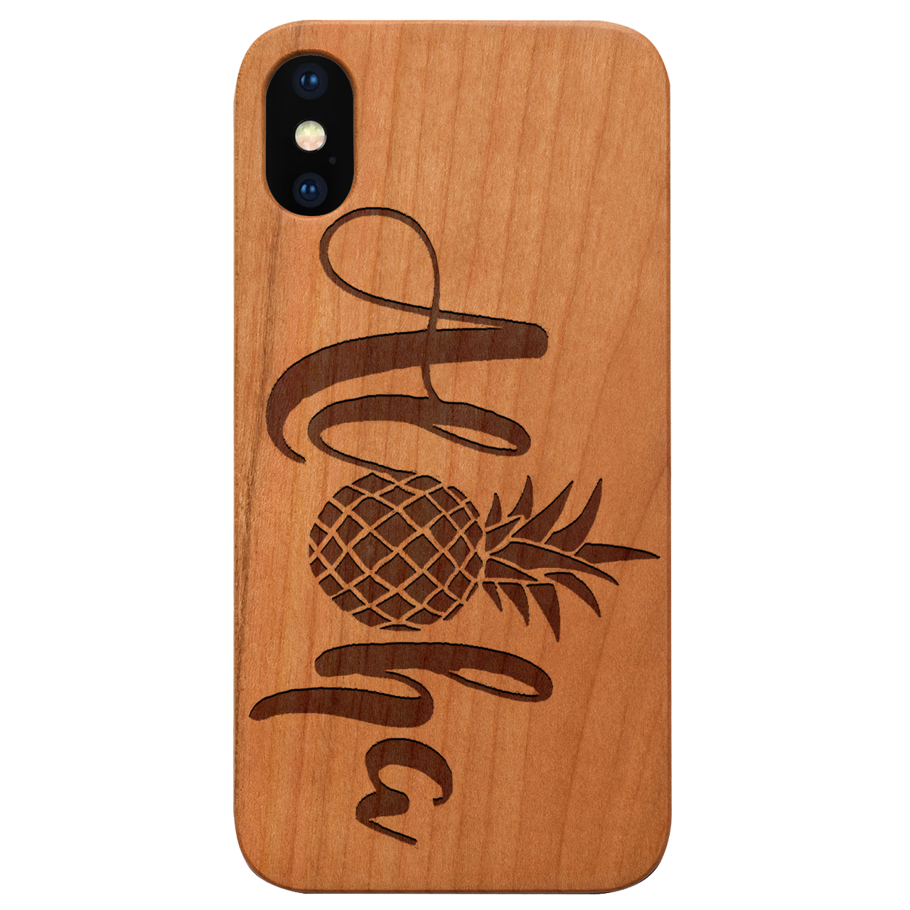 Aloha Pineapple engraved wooden phone case showcasing unique design and natural wood finish.