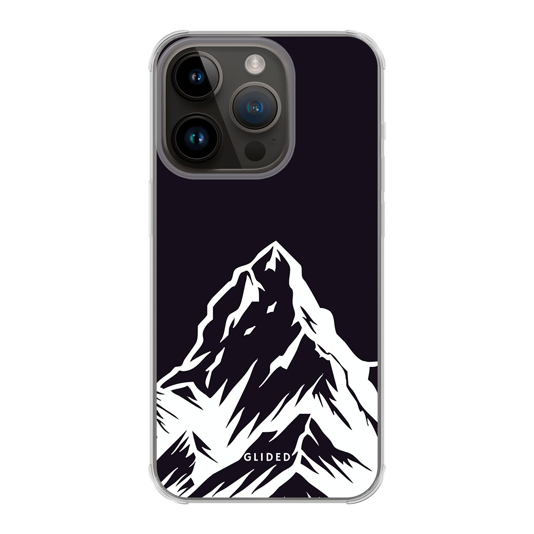 Alpine Adventure Handyhülle für iPhone 14 Pro mit majestätischen Berggipfeln und Tälern im Hintergrund, ideal für Naturfreunde.