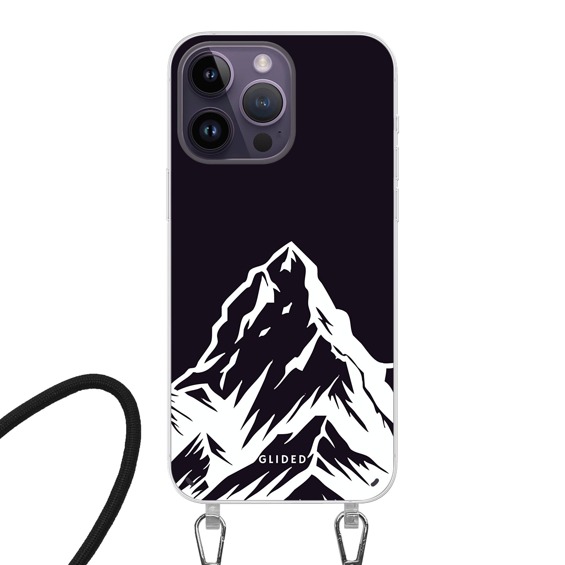 Alpine Adventure Handyhülle für iPhone 14 Pro mit majestätischen Berggipfeln und Tälern im Hintergrund, ideal für Naturfreunde.