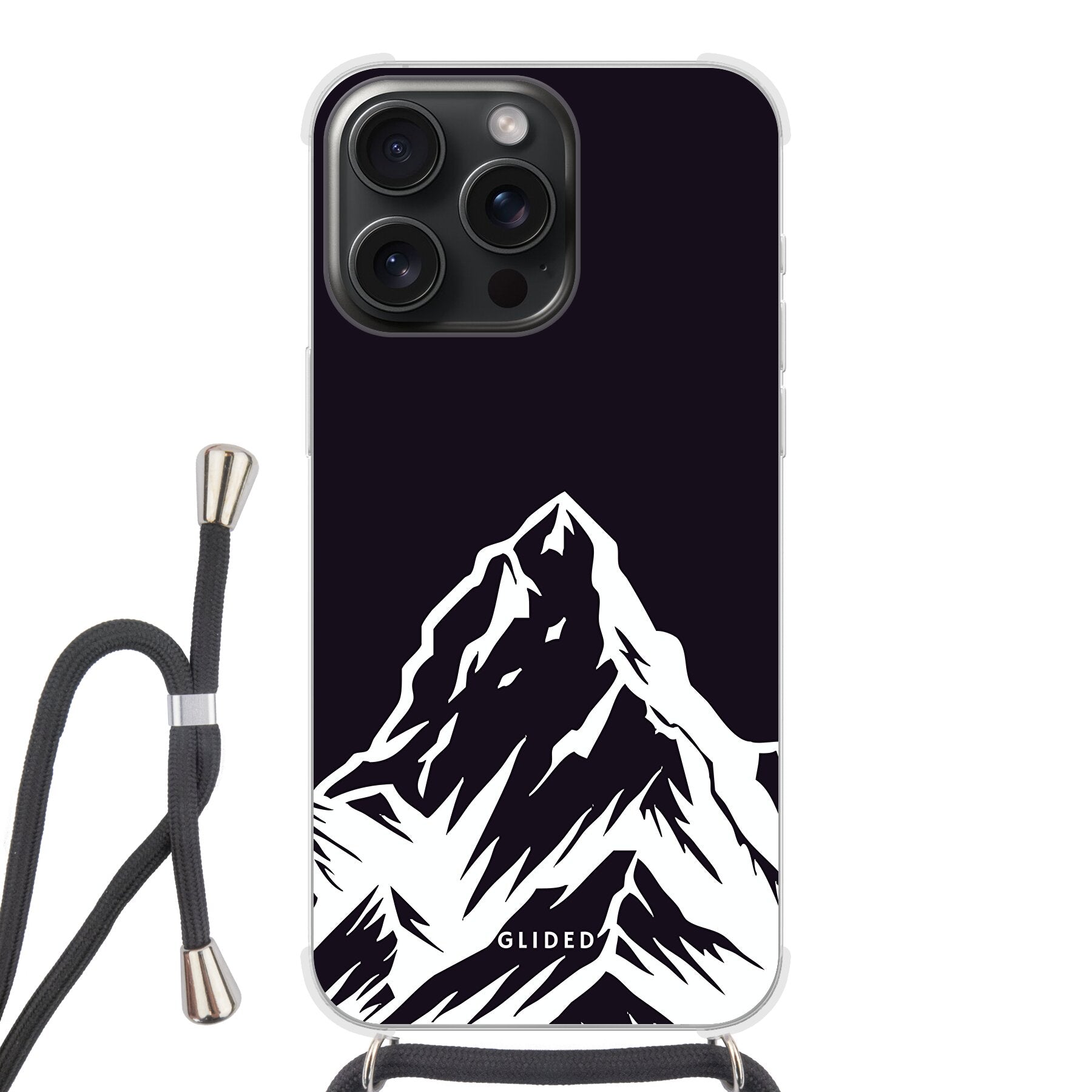 Alpine Adventure Handyhülle für iPhone 15 Pro mit majestätischen Berggipfeln und Tälern im Hintergrund, ideal für Naturfreunde.