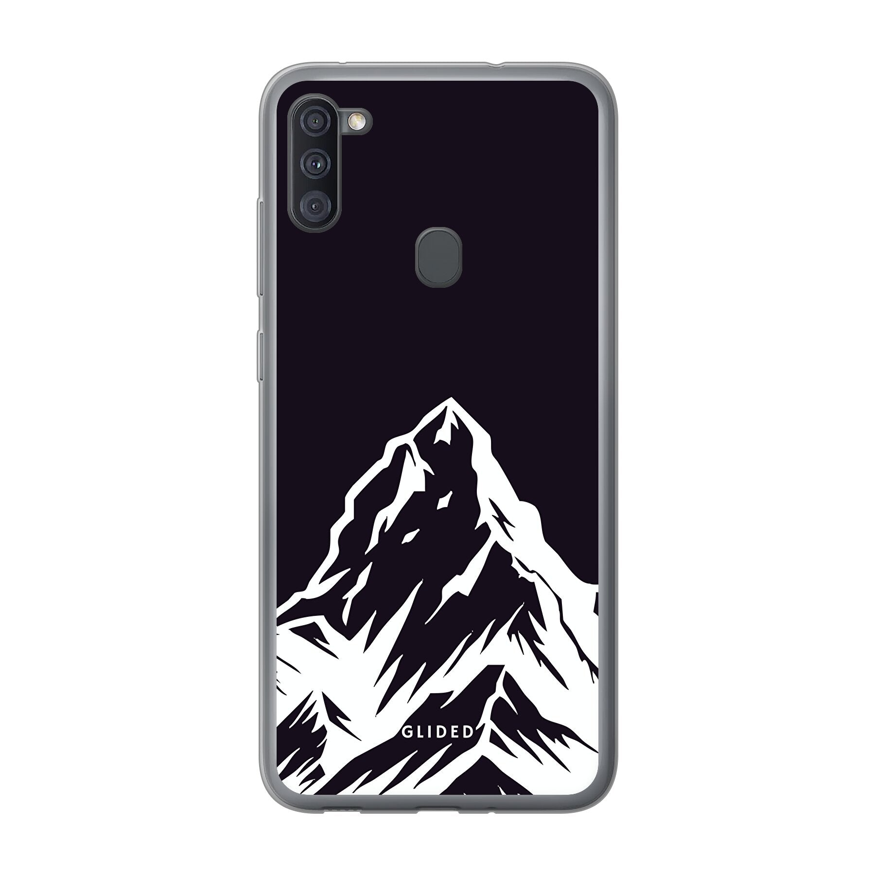 Alpine Adventure Handyhülle für Samsung Galaxy A11 mit majestätischen Berggipfeln und Tälern im Hintergrund, ideal für Naturfreunde.