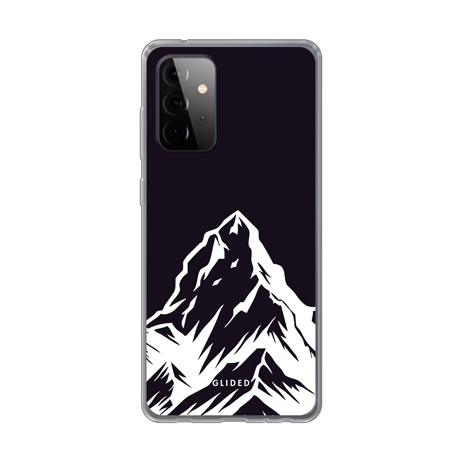 Alpine Adventure Handyhülle für Samsung Galaxy A72 mit majestätischen Berggipfeln und Tälern im Hintergrund, ideal für Naturliebhaber.