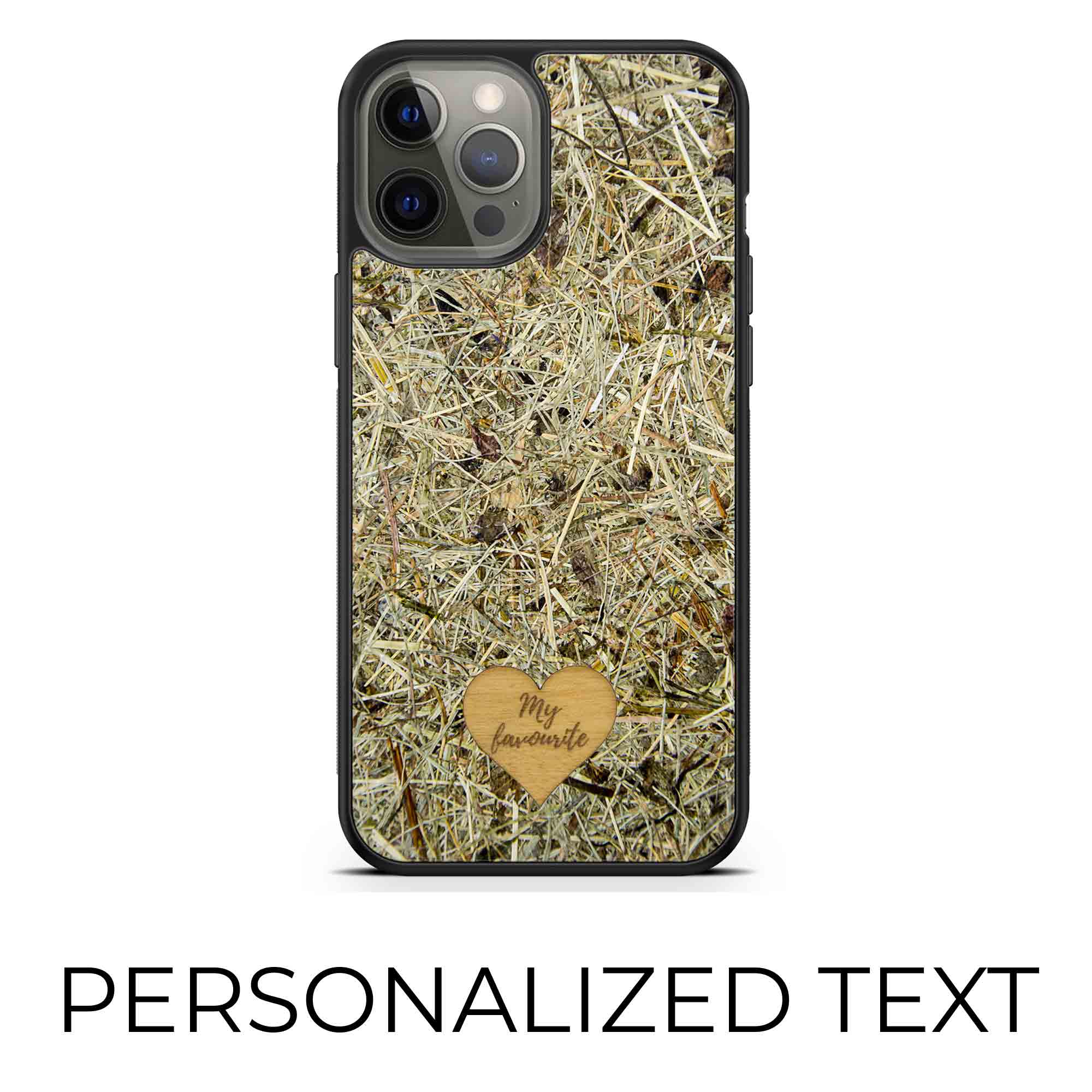 Personalized Alpine Hay phone case featuring a custom engraved wooden heart with unique text.