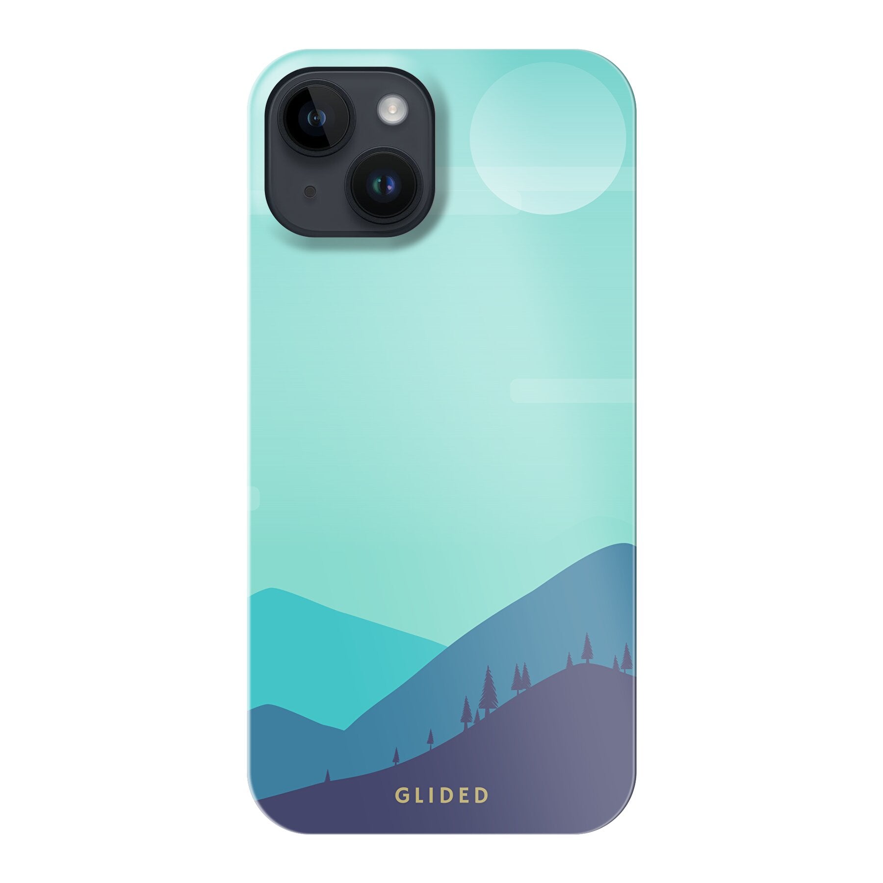 Die 'Alpine' iPhone 14 Handyhülle mit einzigartigem Bergdesign, bietet stilvollen Schutz und präzise Aussparungen für alle Funktionen.