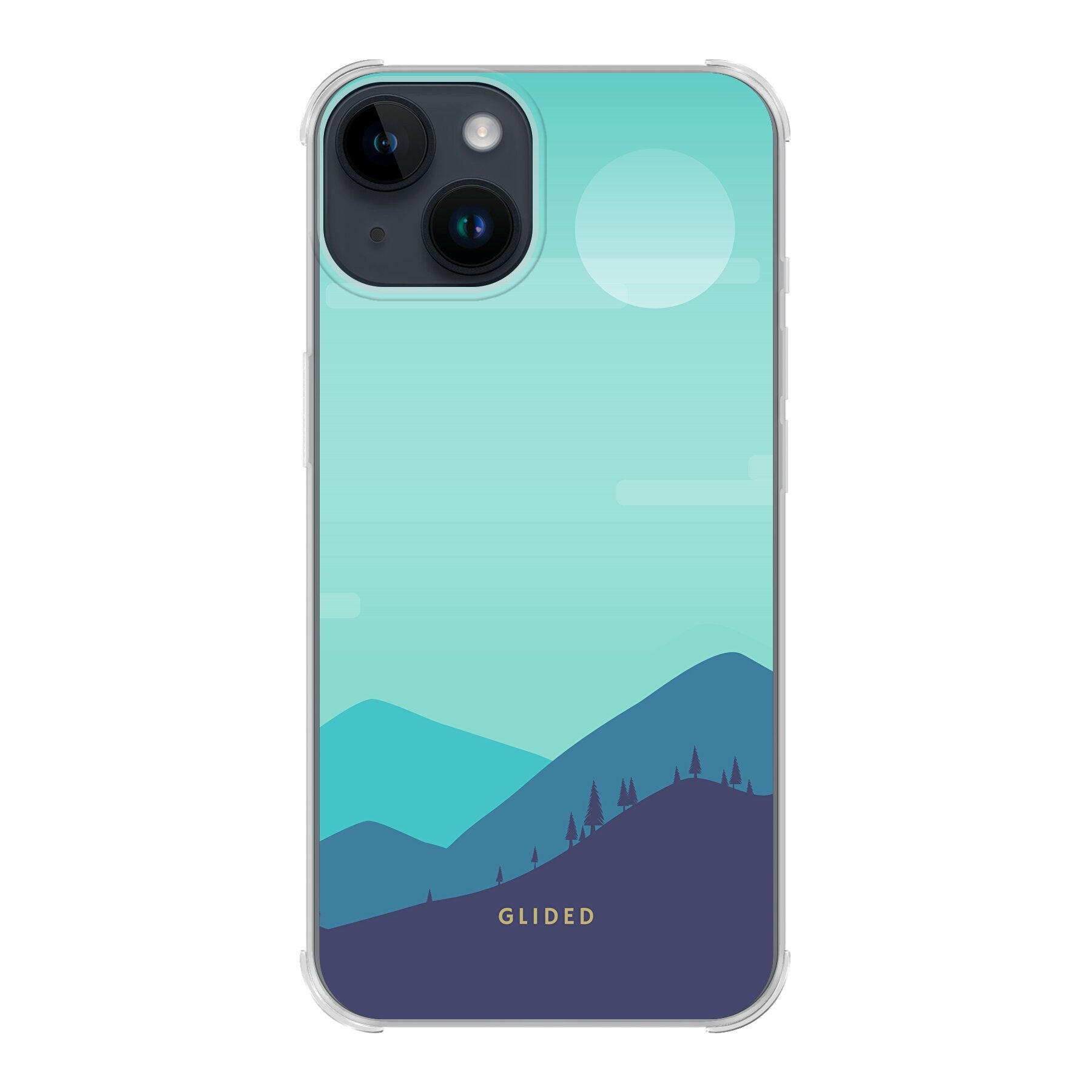 Die 'Alpine' iPhone 14 Handyhülle mit einzigartigem Bergdesign, bietet stilvollen Schutz und präzise Aussparungen für alle Funktionen.