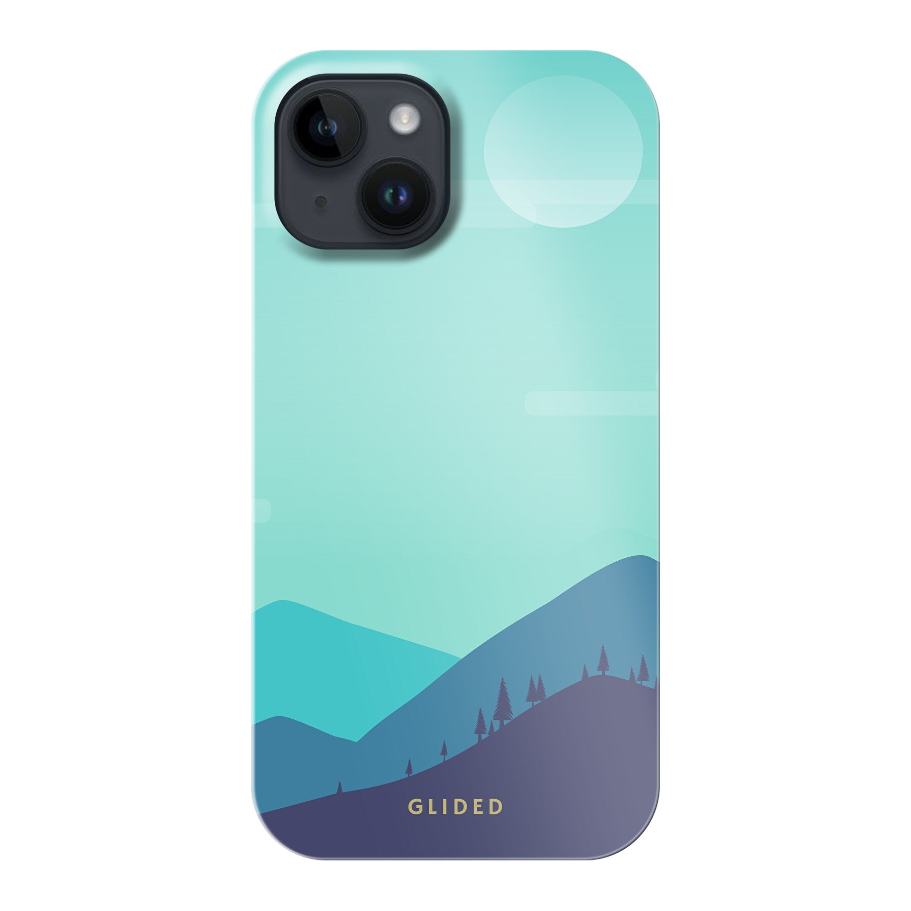 Die 'Alpine' iPhone 14 Handyhülle mit einzigartigem Bergdesign, bietet stilvollen Schutz und präzise Aussparungen für alle Funktionen.