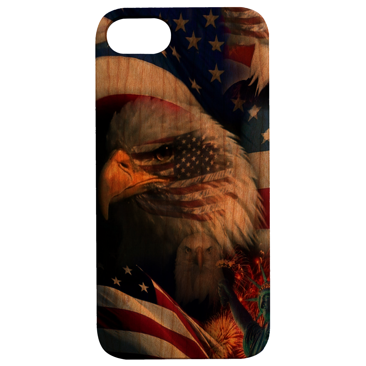 American Pride UV Color Printed phone case showcasing vibrant designs on a natural wood surface with rubber bumper protection.